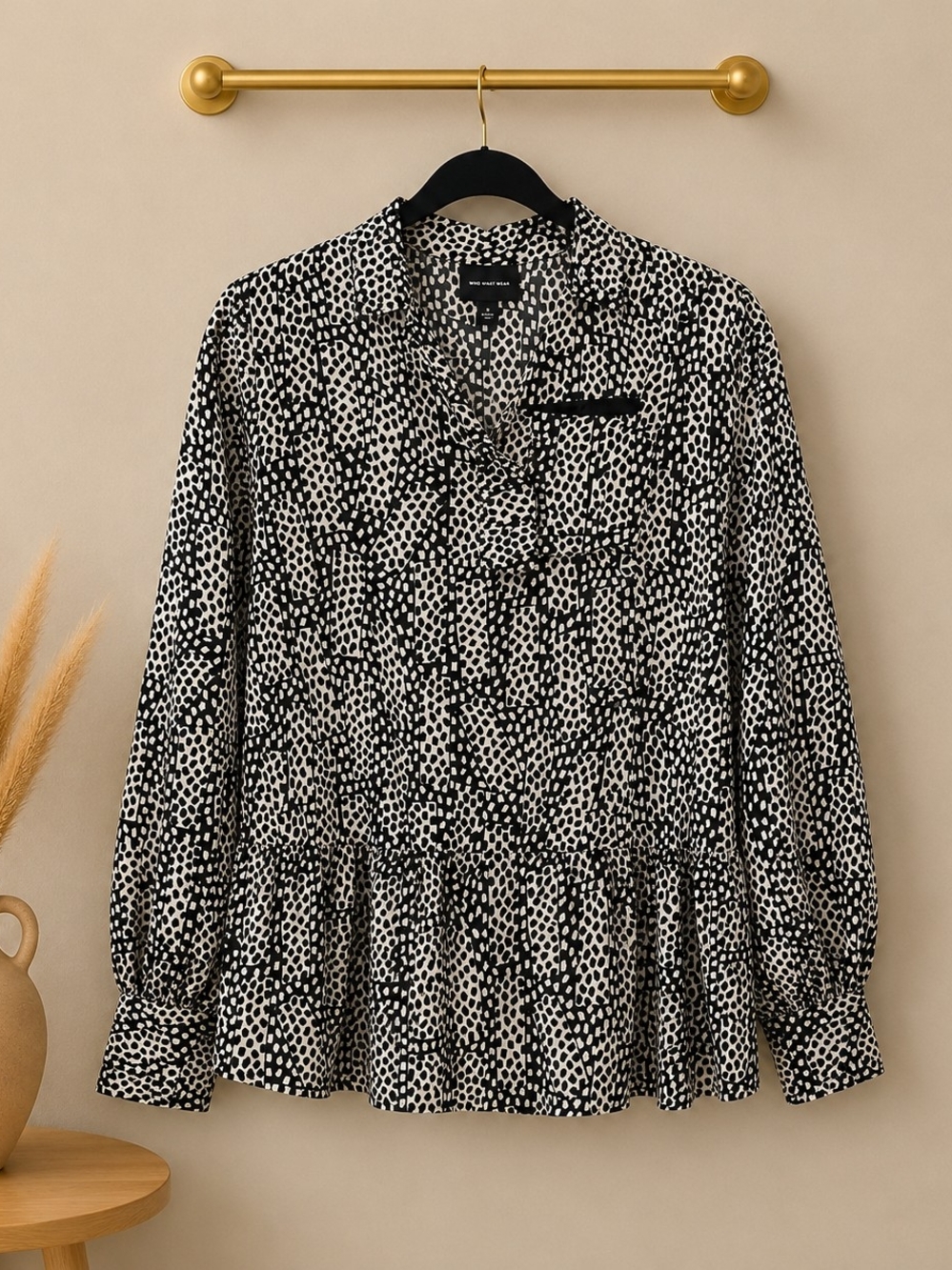 Black & White Printed Peplum Long-Sleeve Top